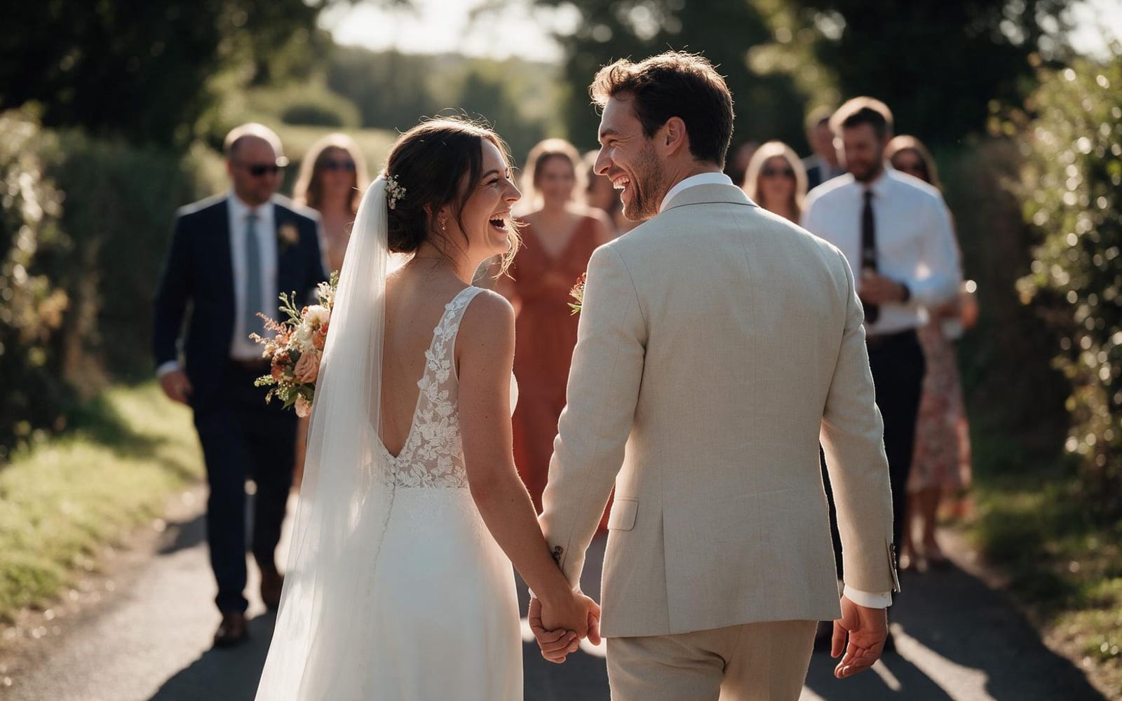 A bride and groom laughing as they walk hand in hand down a sunlit lane, their guests behind them