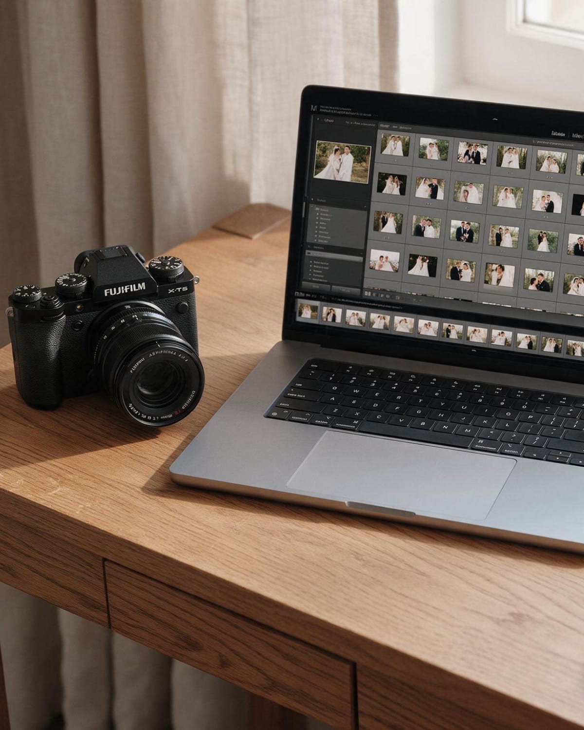 A Fujifilm X-T5 camera beside a laptop showing a wedding gallery being edited, on a wooden desk by a window