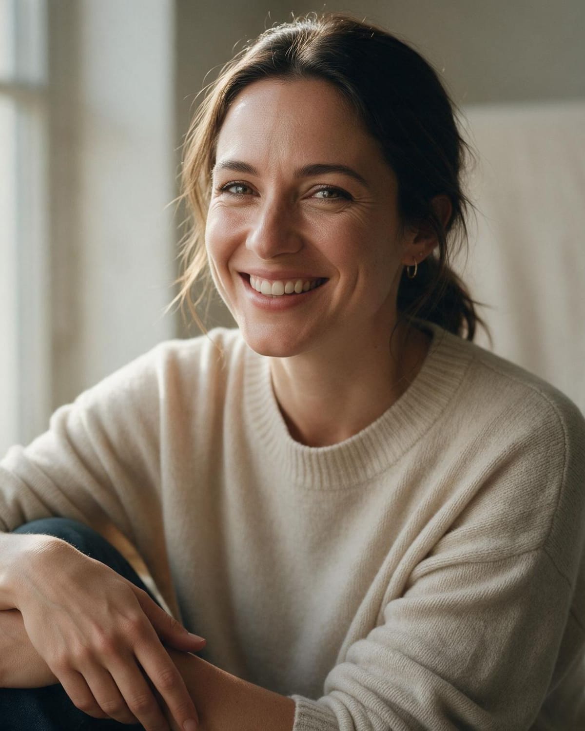 A smiling woman in a cream jumper sitting by a window in soft natural light